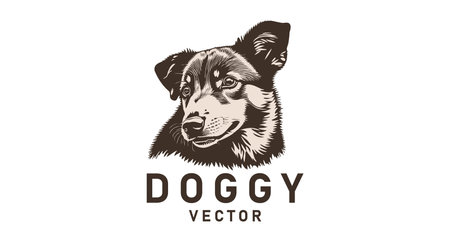 Vector logo, a portrait of a cute kind friendly doggy looking around. Sticker, icon or badge on a white isolated background.のイラスト素材