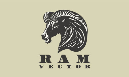 Vector monochrome horned head of a powerful ram. Logo, sticker or icon. isolated background.のイラスト素材
