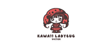 Vector cute pretty young ladybug kawaii girl. Logo, sticker or icon. White isolated background.のイラスト素材