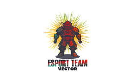 Vector color logo, powerful iron robot knight in armor. Esport team. Sticker, icon or emblem. White isolated background.のイラスト素材