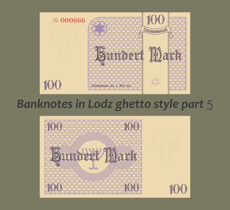 Vector set of fake banknotes in Lodz city ghetto style. The inscriptions in German mean one hundred marks, the city of Litzmannstadt on March 15, 1940. Part 5のイラスト素材