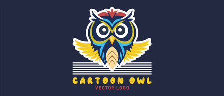 Vector cartoon colored cute stylistic owl with spread wings. Logo, sticker or emlem. dark background.のイラスト素材