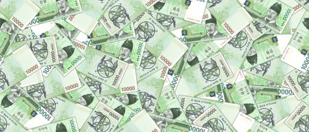 Financial Korean illustration. Seamless pattern. Randomly scattered paper banknotes of South Korea, denomination of 10000 won. wallpaper or background.の写真素材