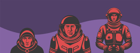 Vector set of simple graphic black-red astronauts in spacesuits. Open helmet. Space stickers or icons.のイラスト素材