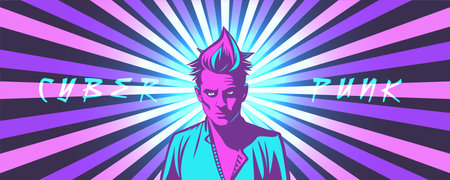 Vector portrait of a disheveled young guy in cyberpunk style against the background of bright shining beams.のイラスト素材