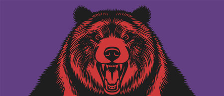 Vector black-red huge scary bear with an open maw on a purple background. Ursine portrait.のイラスト素材