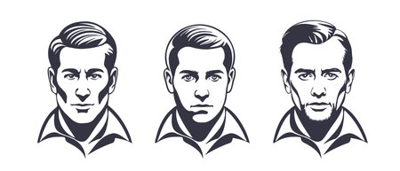 Vector set of monochrome stencils of male faces. Brutal beautiful survey graphic portraits of european men. Stickers or icons. White isolated background.のイラスト素材