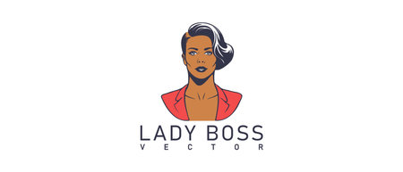 Vector portrait or emblem. Tanned boss lady with trendy hairstyle and suit. business lady. logo. White isolated background.のイラスト素材