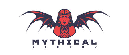 Vector mythical graphic red logo. Portrait of an ancient pharaoh ruler with scary dragon wings. White isolated background.のイラスト素材