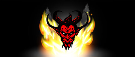 Vector graphic cartoon red and black horned scary disgusting devil or satan head against a background of bright flames.のイラスト素材