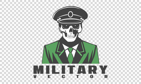 Vector portrait of a dead military man. A skeleton in a green suit and tie. Skull in a military cap. Logo, sticker or emblem. isolated background.のイラスト素材