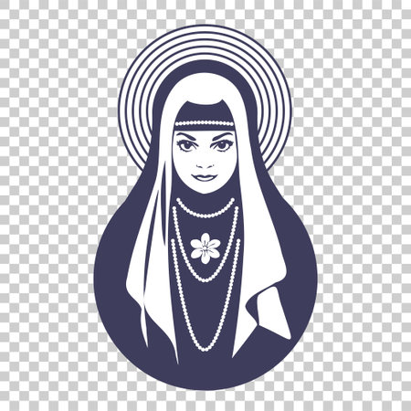 Vector cute young lady nun with halo, beads and flower on isolated background. religious girl.のイラスト素材
