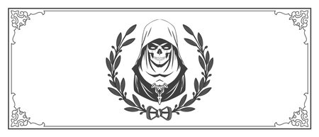 vector emblem. Hooded portrait of death. human skull in a wreath. logo or icon. Frame with patterns. White isolated background.のイラスト素材