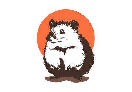 Vector graphic cute fluffy funny sitting mouse with orange circle. Thick good quokka. White isolated background.のイラスト素材
