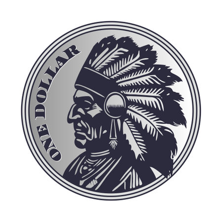 Vector round coin of one dollar denomination, with the head of native Indian in a crown of feathers profile. White isolated background.のイラスト素材