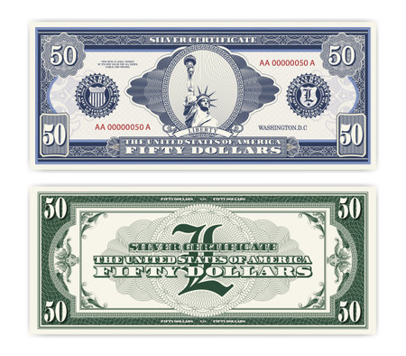 Vector blue banknote obverse and green reverse silver certificate of 50 US dollars. Oval, liberty and guilloche frame. american paper fictional money.のイラスト素材