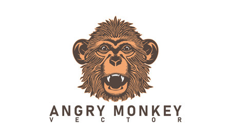 Vector brown head of an angry monkey with an open toothy mouth. Logo, sticker or emblem. White isolated background.のイラスト素材