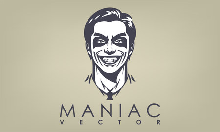 Vector monochrome portrait of a terribly smiling man with the inscription maniac. Logo, sticker or emblem.のイラスト素材