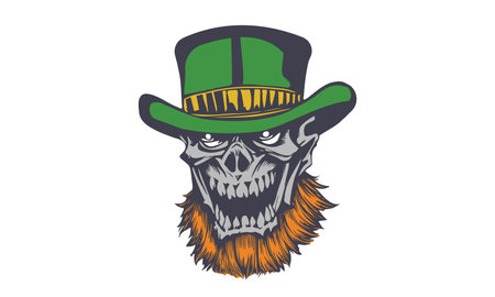 Vector head of a dead leprechaun in a green hat and with a red beard. Scary graphic smiling skull. St.Patrick's Day. sticker or icon. White isolated background.のイラスト素材