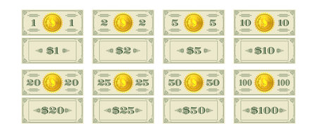 Vector set of banknotes, flyers, coupons or vouchers in denominations of 1, 2, 5, 10, 20, 25, 50 and 100 dollars, with a gold coin in the center. Obverse and reverse of play money.のイラスト素材
