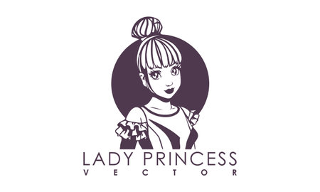 Vector young beautiful kawaii cute big-eyed teen girl princess. cartoon anime lady. Logo or emblem. White isolated background.のイラスト素材