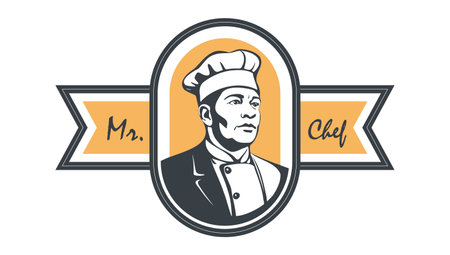 vector graphic label. Portrait of a brutal Mr. chef in a hat of cook. White isolated background.のイラスト素材