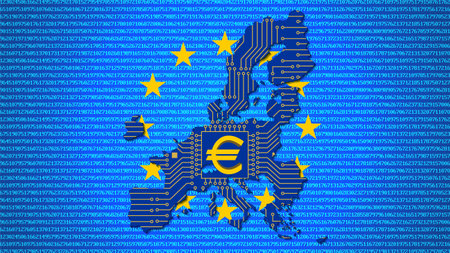 Vector 3D European digital euro symbol. Map of the European Union in the colors of the national flag and with a computer scheme. Against the background of pixel numbers.のイラスト素材