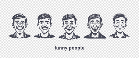Vector set of funny emotional cartoon people. Graphic portraits of smiling men. isolated background.のイラスト素材