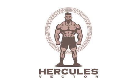 Vector graphic monochrome logo. Powerful strong muscular man on the background of a circle. bodybuilder. Inscription, Hercules. White isolated background.のイラスト素材