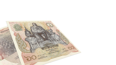 financial illustration. Obverse and reverse of a square banknote of 60 baht of the Kingdom of Thailand. bills in perspective. White isolated background.の写真素材