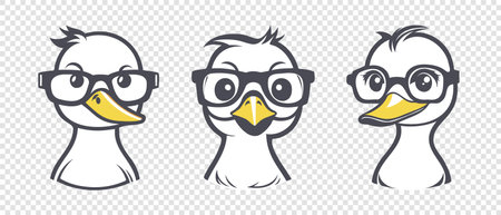 Vector set of graphic icons or stickers. Cute little cartoon white ducklings, chicken with yellow beak and glasses. isolated background.のイラスト素材