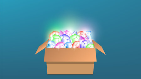 Vector cardboard box filled with precious bright shiny sparkling colored stones.のイラスト素材