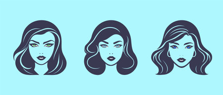 Vector set of icons or stickers. Portraits of beautiful young ladies with hairstyles and big lips. Isolated background.のイラスト素材