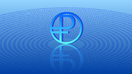Financial vector digital symbol of Russian Federation currency, ruble. 3d economic sign with a mirror reflection on a blue background. Virtual space.のイラスト素材