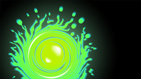 Vector abstract bright glowing poisonous green spilled twisted stain with splashes and highlights on a dark background.のイラスト素材