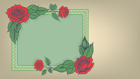 Vector template of blank greeting card. Red roses with green leaves in a frame.のイラスト素材