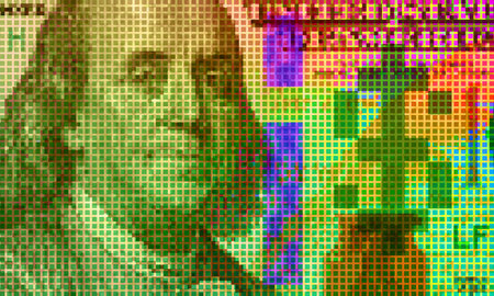 Vector green dollar. Digital currency. Pixel mosaic usa 100 dollar bill. Portrait of Franklin. Banner or posterのイラスト素材