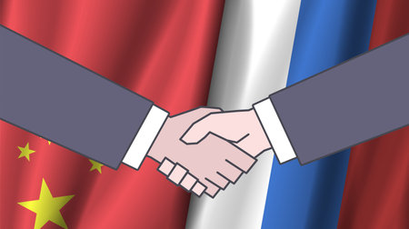 Vector political economic poster. Graphic friendly handshake on a background of wavy flags of China and Russia.のイラスト素材