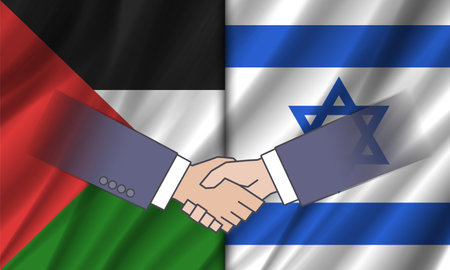 Vector political economic poster. Settlement agreement. Friendly handshake. A world without war. Wavy flags of Palestine and Israel.のイラスト素材