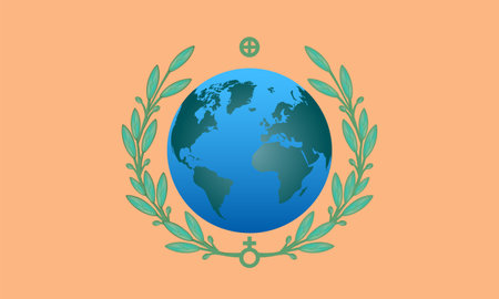 Vector banner. Flag of planet Earth in green branches on a light orange background. Astrological sign Flag and heraldry.のイラスト素材