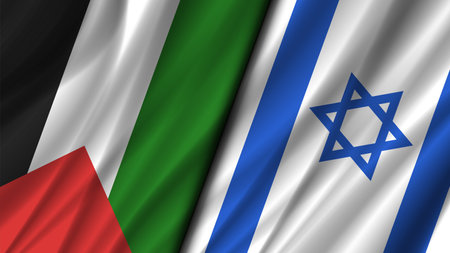Vector wavy flags of Palestine and Israel. Relations between countries. Conflict or friendship. Politics economic banner.のイラスト素材