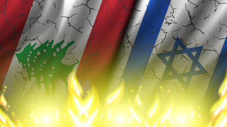 Vector wavy flags of Lebanon and Israel. Relations between countries. Politics economic banner. Green cedar and star of David. Flame and warのイラスト素材