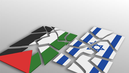 Vector 3d flags of Palestine and Israel split into small pieces. Conflict, fighting, war. Light gray background.のイラスト素材