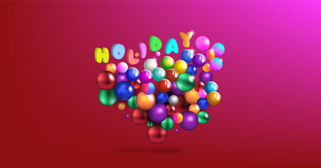 Vector festive bright shiny glowing banner or greeting card. 3D word holiday. Hanging colorful balls with highlights. Pink-red background. Birthday.のイラスト素材