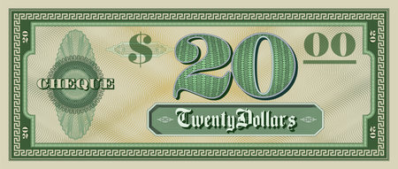 Vector sample green paper check of 20 dollars. Bill with a frame and guilloche. Vintage check. Twentyのイラスト素材