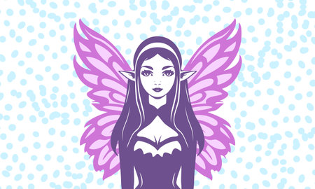 Vector graphic young beautiful forest fairy elf with butterfly wings. Fairytale mythical sorceress with long hair.のイラスト素材