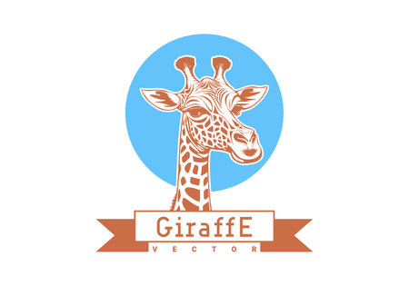 Vector cartoon graphic monochrome cute funny portrait of giraffe. Blue circle and ribbon. Logo or emblem. White isolated background.のイラスト素材