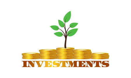 Vector golden stacks of coins, description, investment and growing sprout of a young plant with green leaves. White isolated background.のイラスト素材
