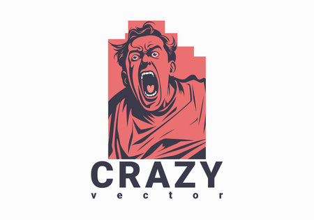Vector graphic screaming scary crazy man with tousled hair, bulging red eyes and wearing a straightjacket. Logo. White isolated background.のイラスト素材
