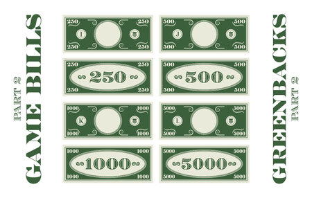 Vector set of play money. Banknotes in denominations of 250, 500, 1000 and 5000. Greenbacks. Collection of bills. Empty circle in center. Samples of cash. Part 2.のイラスト素材